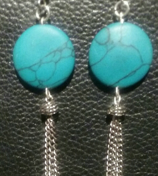 Handmade Silver Chained Turquoise Disc Earrings - Picture 1 of 3